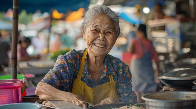 Smiling Thai Street Vendor at Vibrant Market: Candid Capture of Joyful Food Preparation in Warm Natural Light