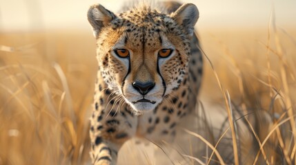 Fototapeta premium Digital depiction of a cheetah stalking prey, front view close-up, lifelike details in fur and eyes, expansive savanna backdrop, showing the intensity and grace of the predator
