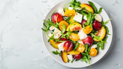 Elegant fruit salad with arugula, succulent plums, nectarines, and soft cheese, displayed on a light background, emphasizing the dish's freshness and simplicity