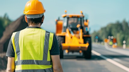 Engineer in safety vest and helmet overseeing highway construction, large machinery at work, clear blue sky, progress evident, rear view