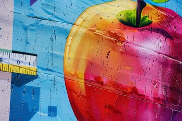 A close-up shot of a vibrant mural featuring a large apple with a ruler wrapped around it, set against a clear white background.