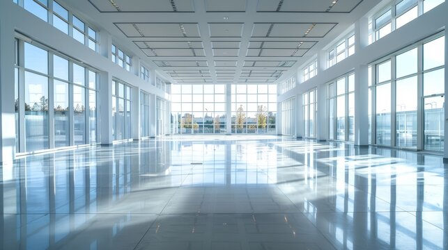 Expansive commercial room with numerous windows, clean and bright interior, ideal for business use, modern and minimalist design, ample natural light, polished surfaces, professional atmosphere