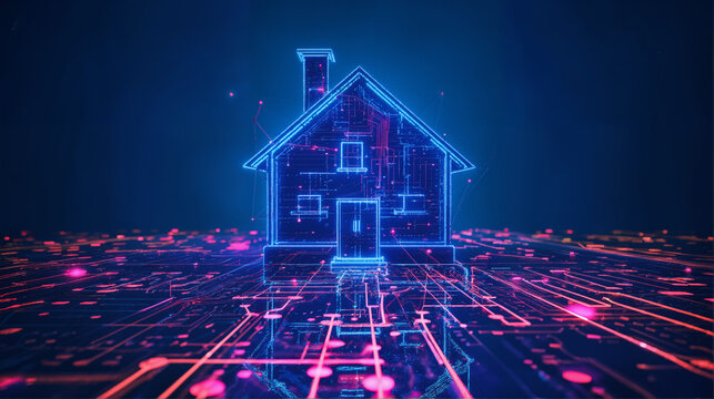 a glowing neon light house on printed circuit board, Smart home IOT technology, home data connection automation