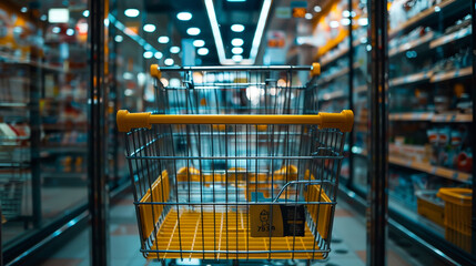 closeup photo of shopping cart trolley filled with household goods and parked between shelves in a supermarket 