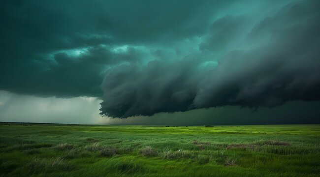A dark, massive tornado is rolling across the expansive prairie, with storm clouds looming overhead, showcasing the intense forces of nature.