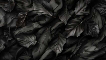 Fototapeta premium A sophisticated image featuring an intricate pattern of black leaves on a textured black fabric background. The dark, monochromatic theme creates a sense of depth and elegance