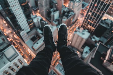 Aerial view of a vibrant cityscape at night, viewed from the vantage of someone dangling their legs over the edge of a tall building. - Powered by Adobe