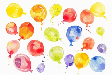 Colorful water balloons of different shapes and sizes floating in the air, creating a vibrant and joyful scene against a clear white background.