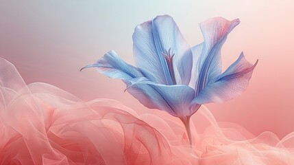    a blue flower against a backdrop of pink and white The background has soft transitions between the colors