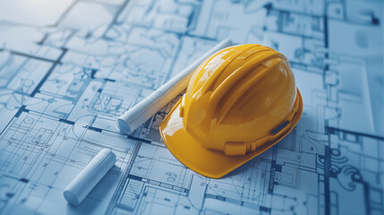 Construction Site Planning, Engineer Hard Hat with Blueprints in Modern Building Project, Architectural Development Concept