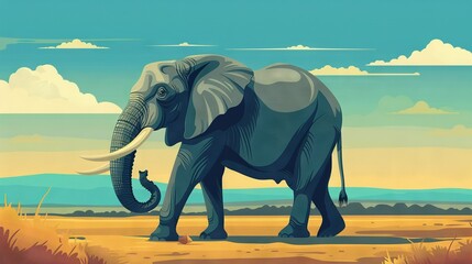 Obraz premium An elephant stands in a desert against a backdrop of blue skies and cloudy white clouds