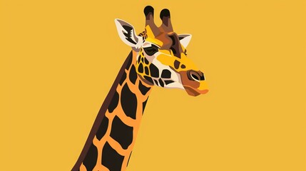  Close-up of giraffe's head on yellow background with black & white stripes