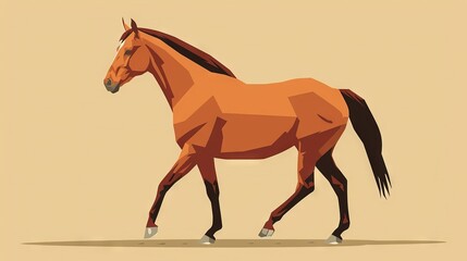   A brown horse stands atop a brown floor alongside white and tan walls