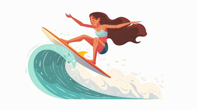 surfer girl riding wave, cartoon style clip art preview