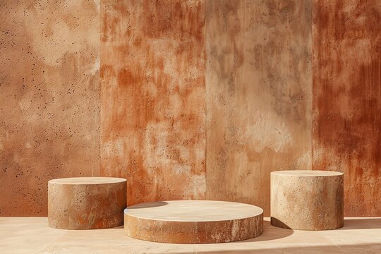 Minimal rustic terracotta podiums on an earthy textured background, grounded and simple