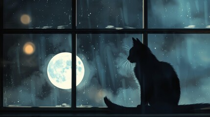 Black cat silhouette sitting on window sill watching full moon