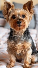 a modern living room with a sofa, dog-friendly floor cushion, and pillows against a white brick wall, featuring a small Yorkshire Terrier lying on the couch.