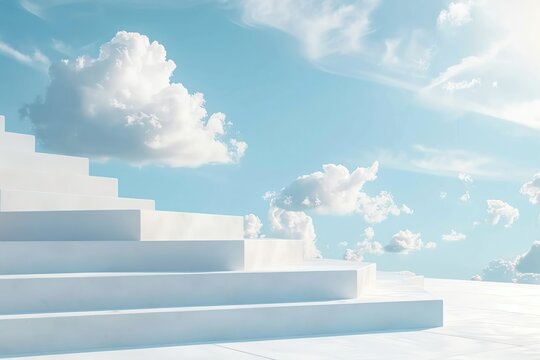 Clean, minimal white stairstep podiums against a soft blue skylike backdrop