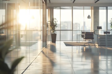 Softly blurred light filling a contemporary office, large windows providing a soothing backdrop