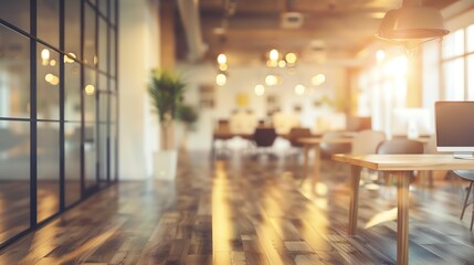 Modern office environment in a gentle blur, soft natural light mingling with sophisticated interior design