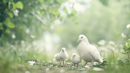 Peaceful Farm Scene with Dove and Chicks on a Sunny Day Generative AI