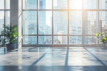 Soft focus on an expansive office interior, large windows allowing abundant light to fill the tranquil space