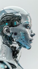 Fototapeta premium Close-up of a futuristic humanoid robot's head and neck, showcasing intricate internal components, transparent casing, and blue digital accents against a light background.