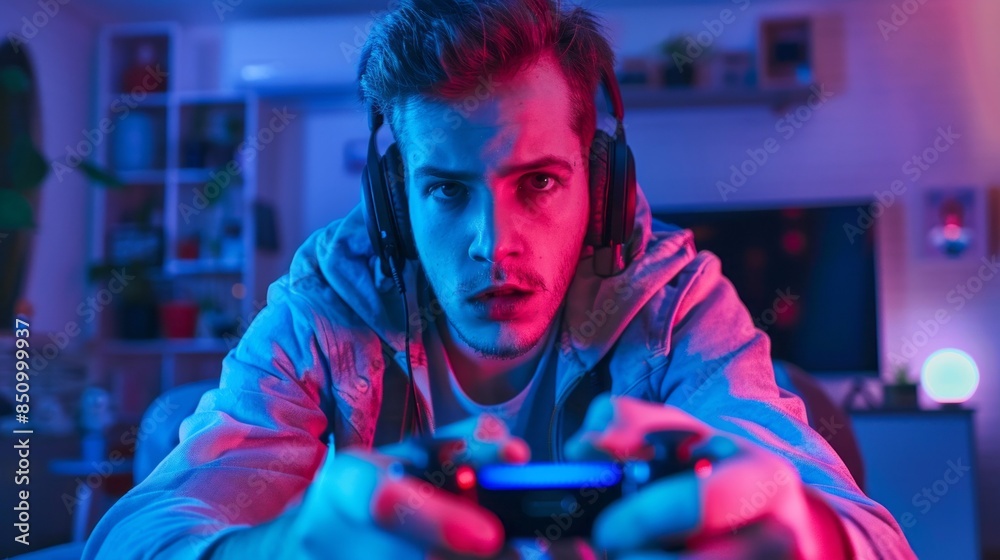 Poster A man is playing a video game with a controller in his hands