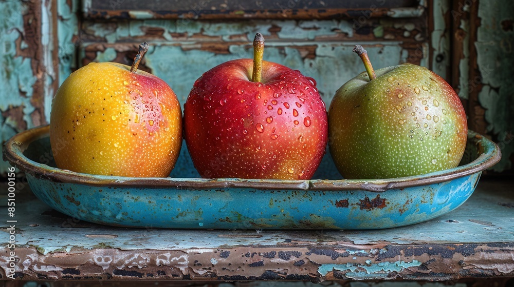 Wall mural three apples and two oranges are arranged in a blue bowl, placed on a window sill in front of an ant