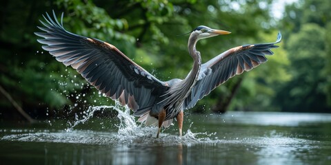Graceful Great Blue Heron Spreading Its Wings While Standing in a Serene Forest River under a Canopy of Lush Greenery