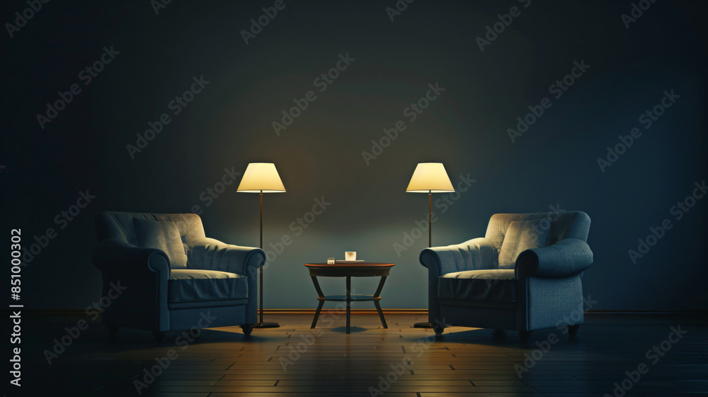 Poster two empty armchairs facing each other, bathed in the warm glow of lamps, creating a calm and invitin