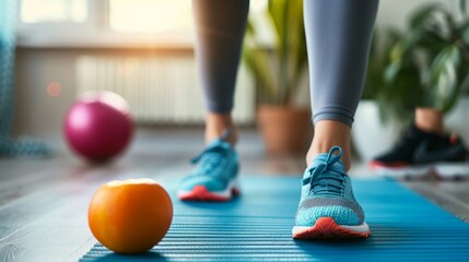 Naklejka premium A close-up of a womans feet wearing blue sneakers as she steps onto a blue yoga mat in a home workout environment.