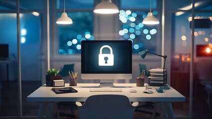 Small office space with computer displaying cybersecurity alert representing importance of cybersecurity for small businesses with soft blur and bokeh

