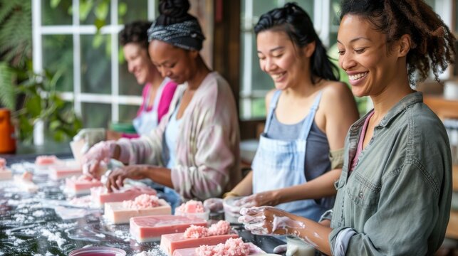 Diverse Group of Multiracial Women Enjoying a Soap Making Workshop. Generative ai