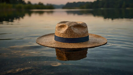 straw hat floating on still river waters on a calm evening