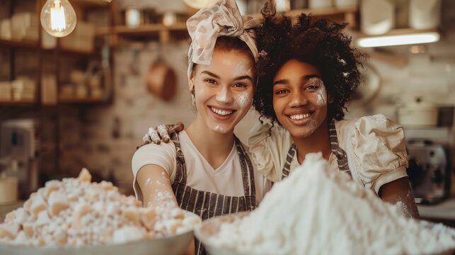 Joyful Diverse Multiracial Friends Baking Together in a Home Kitchen. Generative ai