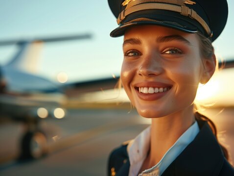 Lachende Pilotin vor Flugzeug
