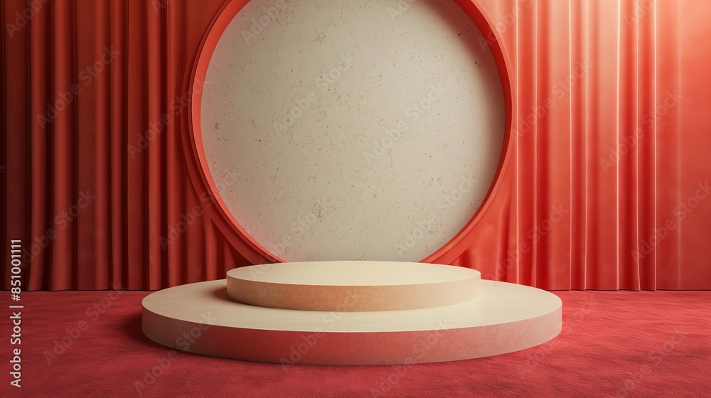 Wall mural a light round podium with red curtains on the background. an empty showcase for displaying goods. 3d
