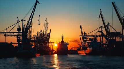 Fototapeta premium A Hamburg port at sunset, cranes silhouetted against the sky, ships docked 