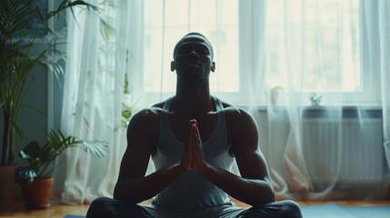 A man sits in a yoga pose, hands clasped together in front of his chest, meditating in front of a window.