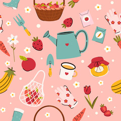 Seamless vector pattern with garden elements illustrations. Spring and summer background. Gardening and farming texture. Wallpaper, wrapping paper, textile design