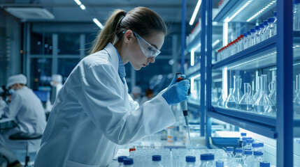  a female researcher . doctor , scientist . working  in the analysis laboratory