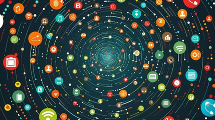 A dynamic digital marketing vector background with a swirling vortex of colorful icons representing different marketing channels and strategies, swirling around a central focal point.