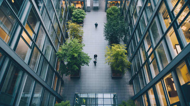 Businessmen walking in modern office building atrium with trees