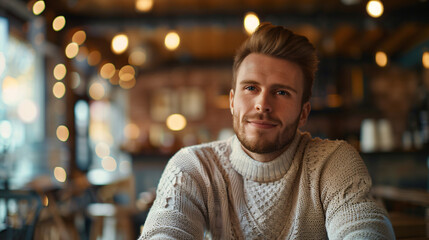 Fototapeta premium Young freelancer is working remotely, enjoying the warmth and comfort of a local cafe