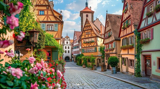 German traditional architecture featuring half-timbered houses in the historical center of Rothenburg ob der Tauber. 