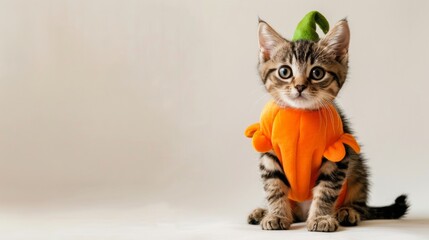 A cute tabby kitten wearing a pumpkin costume for Halloween, sitting on a white background