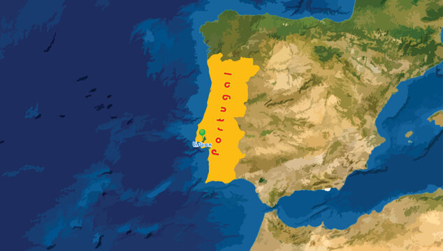 The Portuguese Republic map and Libson, capital city. It is an European members and neighbor of Spain. The location on the Atlantic Ocean has shaped the country culture, cuisine like salt cod, grilled