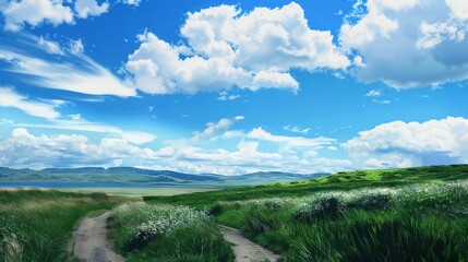   A grassy field with a dirt path leading to water under a cloudy blue sky