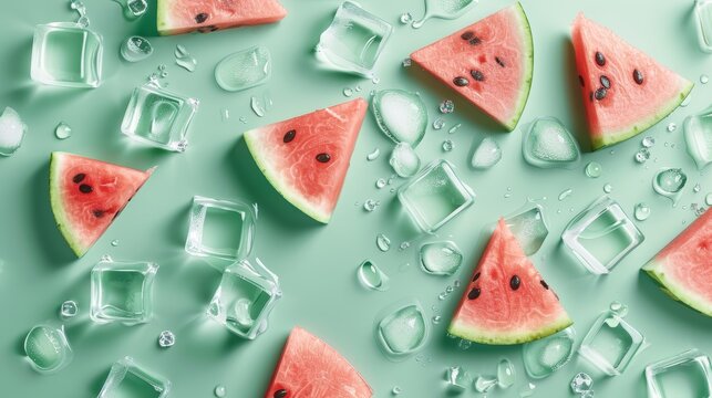 Light green background filled with small ice cubes and watermelon juice splashes, vivid illustration style, embodying the cool and refreshing spirit of summer